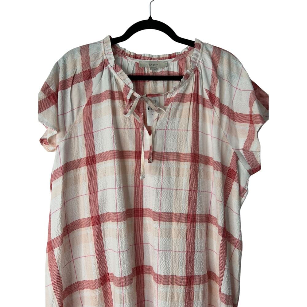 Loft Gauzy Picnic Dress XL Red White Plaid Flutter Sleeves Ruffle Hem No Belt - Picture 2 of 11